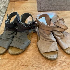 Set 2 Blowfish women’s sandals size 10 gray and tan canvas and leather detail